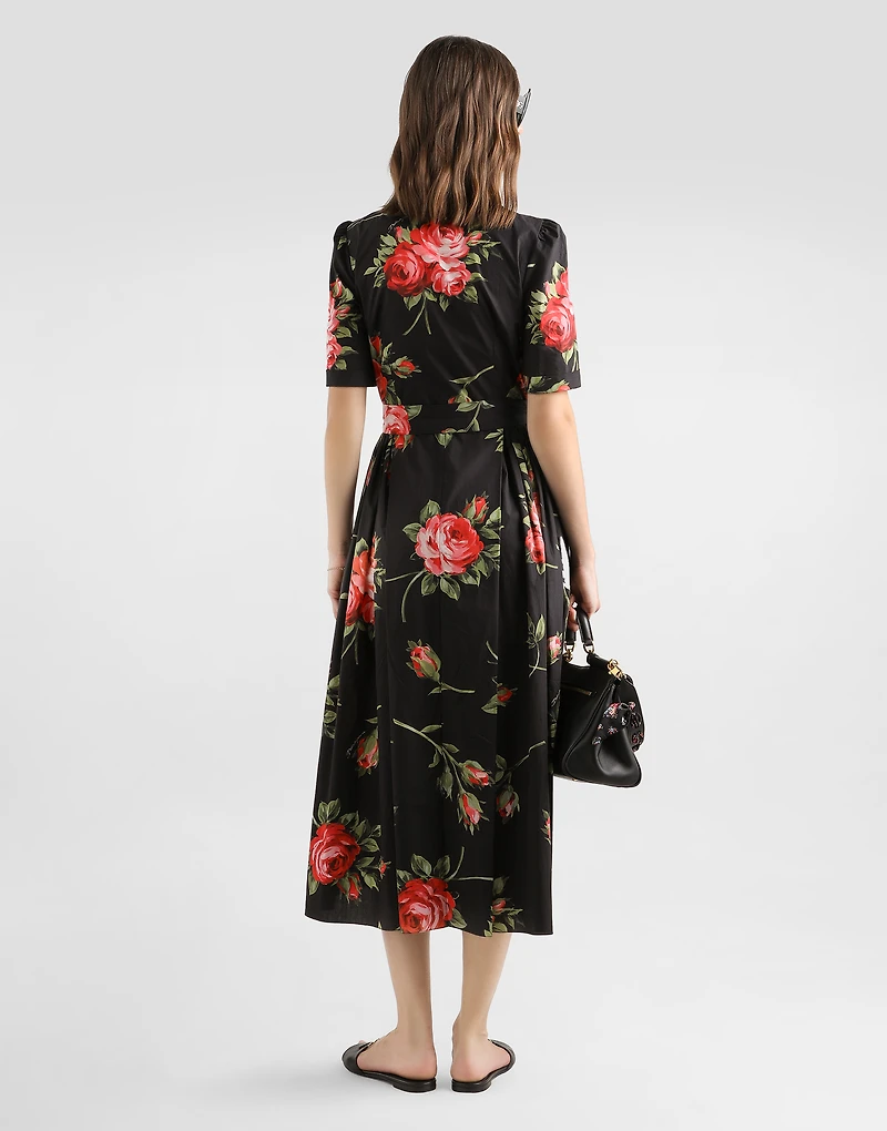 Rose bouquet-print poplin shirt dress