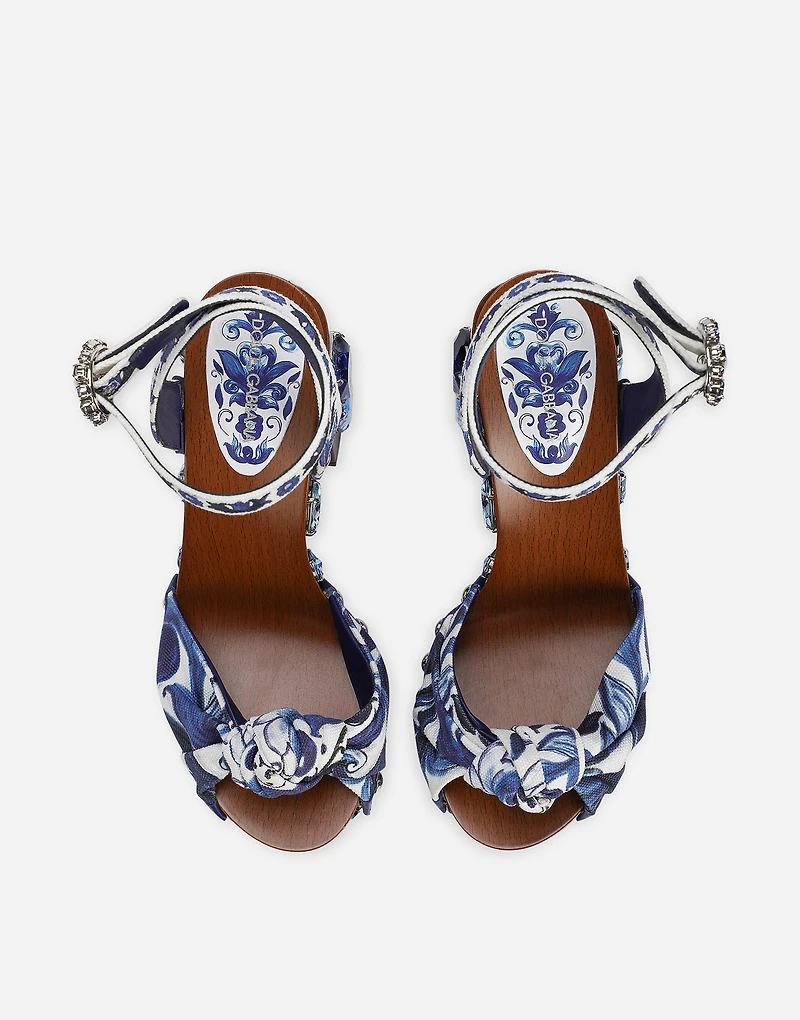 Majolica-print canvas wedge sandals with gemstones