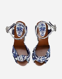 Majolica-print canvas wedge sandals with gemstones