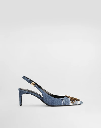 Denim patchwork slingback with embroidery