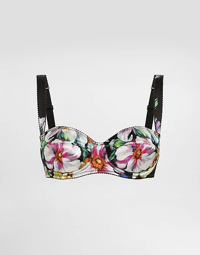 Satin balconette bra with floral print