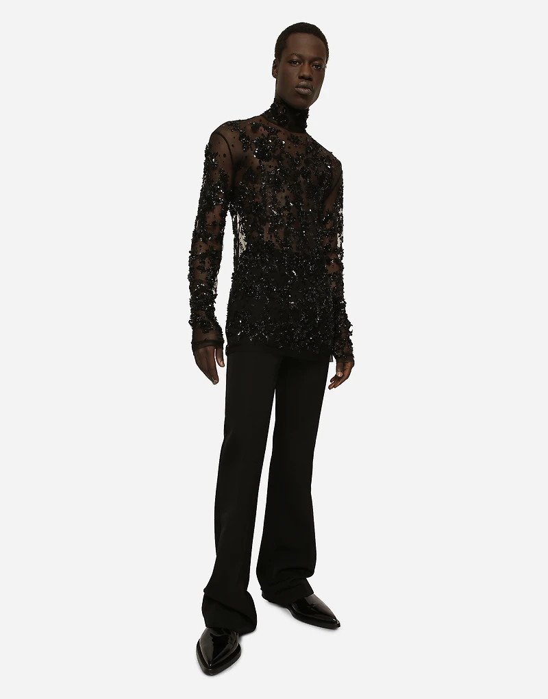 High-necked tulle T-shirt with sequined details