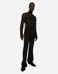 High-necked tulle T-shirt with sequined details