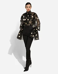 Silk organza jacquard blouse with polka-dot design and pussy-bow