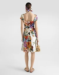 Flower bouquet-print poplin dress