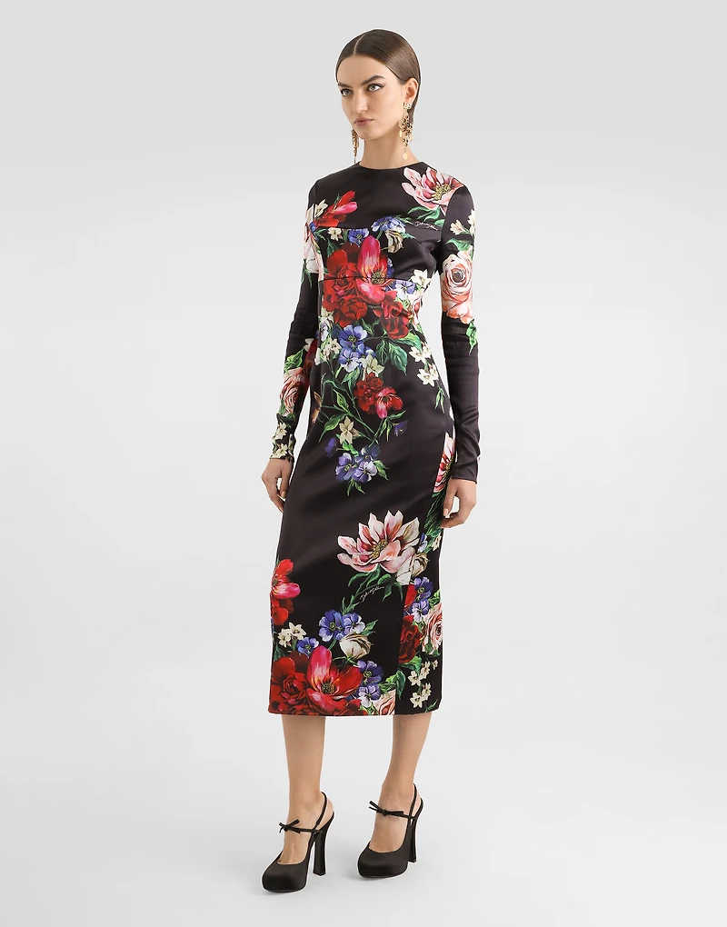 Satin calf-length round-neck dress with floral print