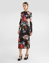 Satin calf-length round-neck dress with floral print