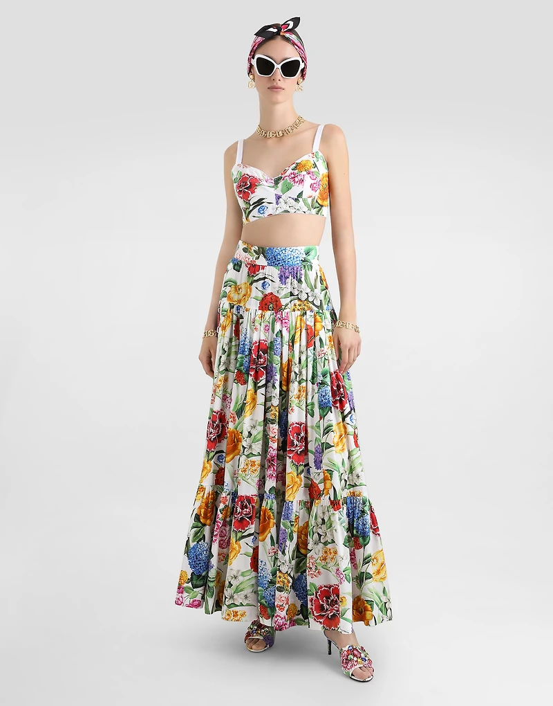 Long ruffled skirt floral-print cotton