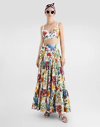 Long ruffled skirt floral-print cotton