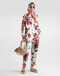 Flower-print poplin trousers