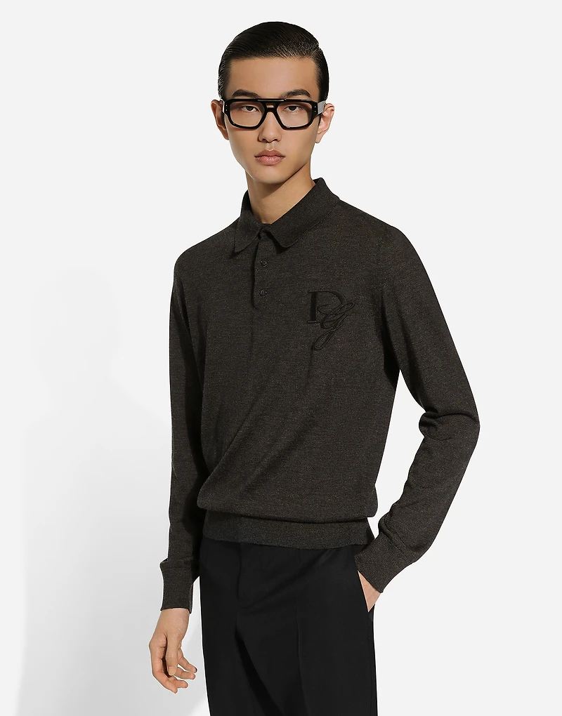 Long-sleeved cashmere polo-shirt with embroidered logo