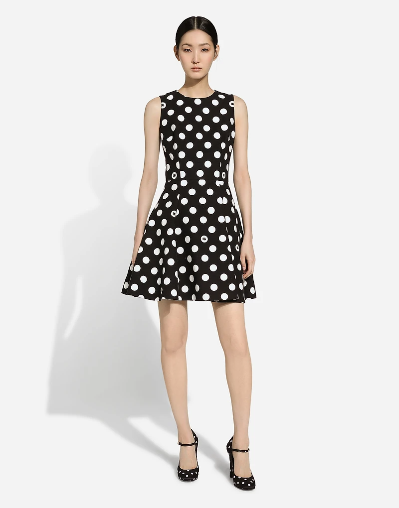 Short cotton rush-stitch brocade dress with polka-dot print