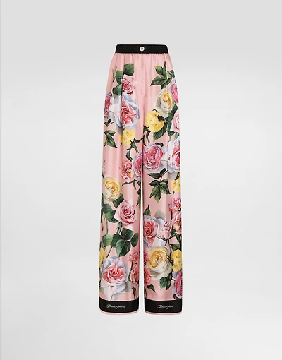 Silk pajama pants with rose and peony print