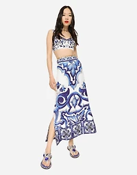 Majolica-print charmeuse calf-length skirt with slit