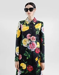 Single-breasted peony and rose-print brocade coat
