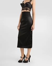 Satin calf-length skirt with corset-style belt detail
