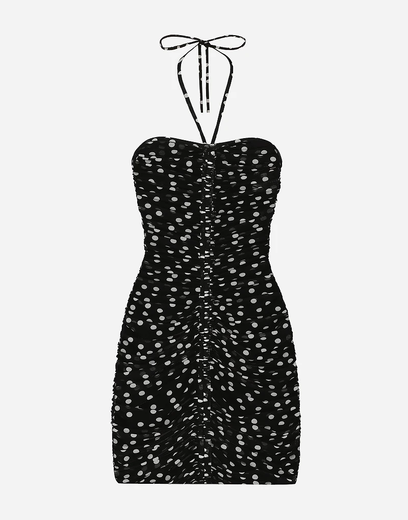 Short draped tulle dress with polka-dot print