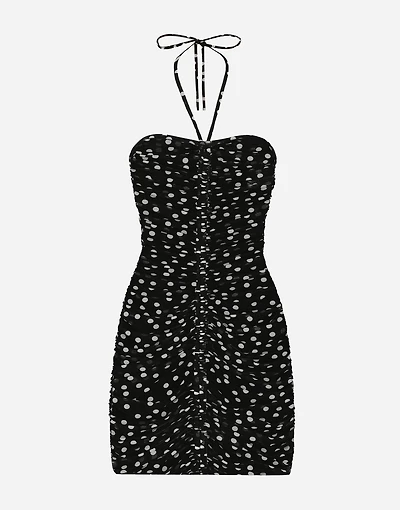 Short draped tulle dress with polka-dot print