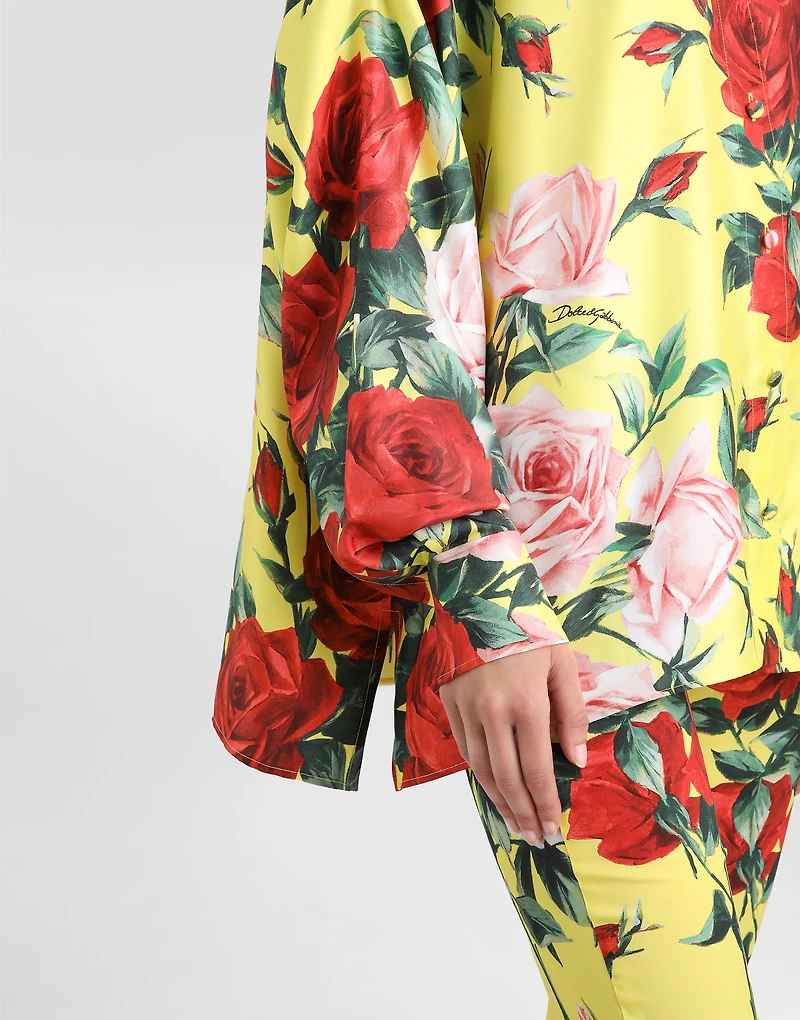 Oversize bouquet-print silk twill shirt