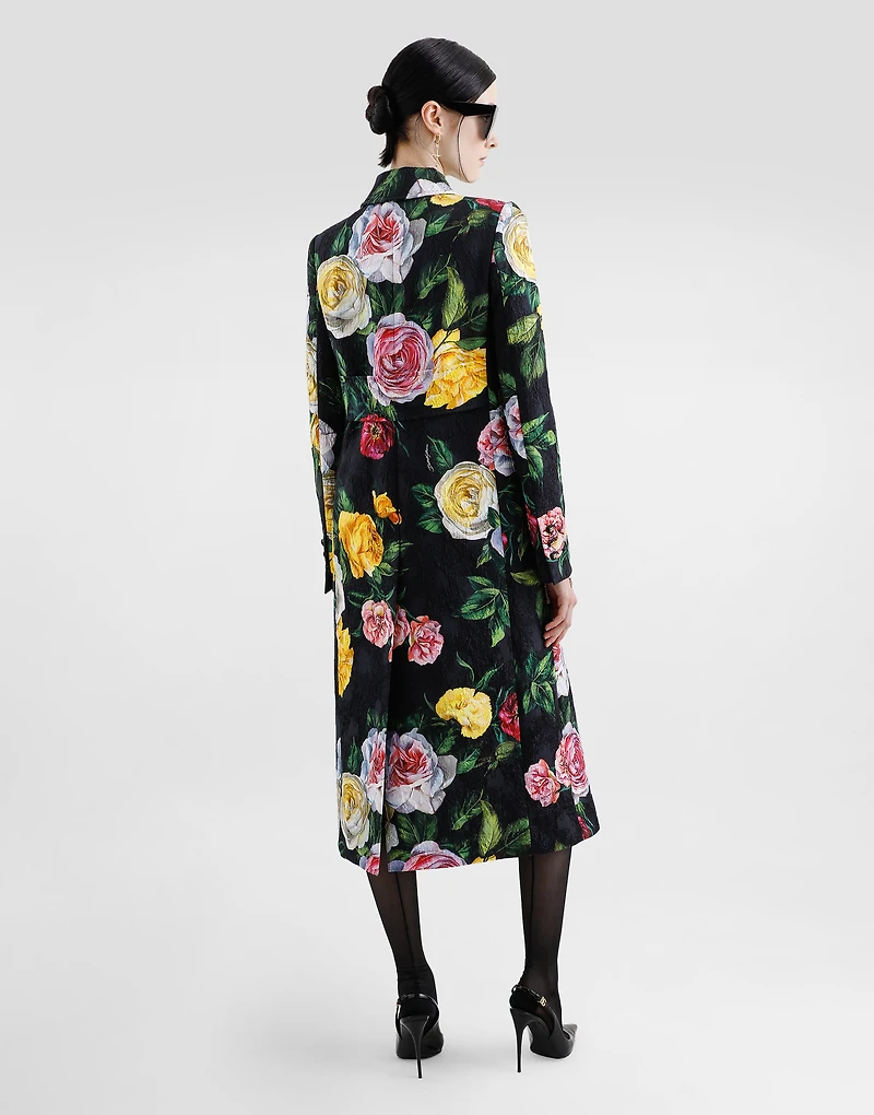 Charmeuse calf-length sheath dress with peony and rose print