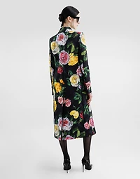 Charmeuse calf-length sheath dress with peony and rose print