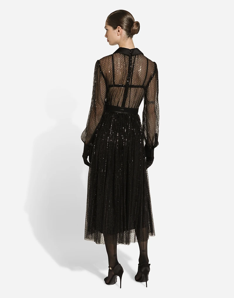 Calf-length tulle tuxedo shirt dress with sequin embellishment