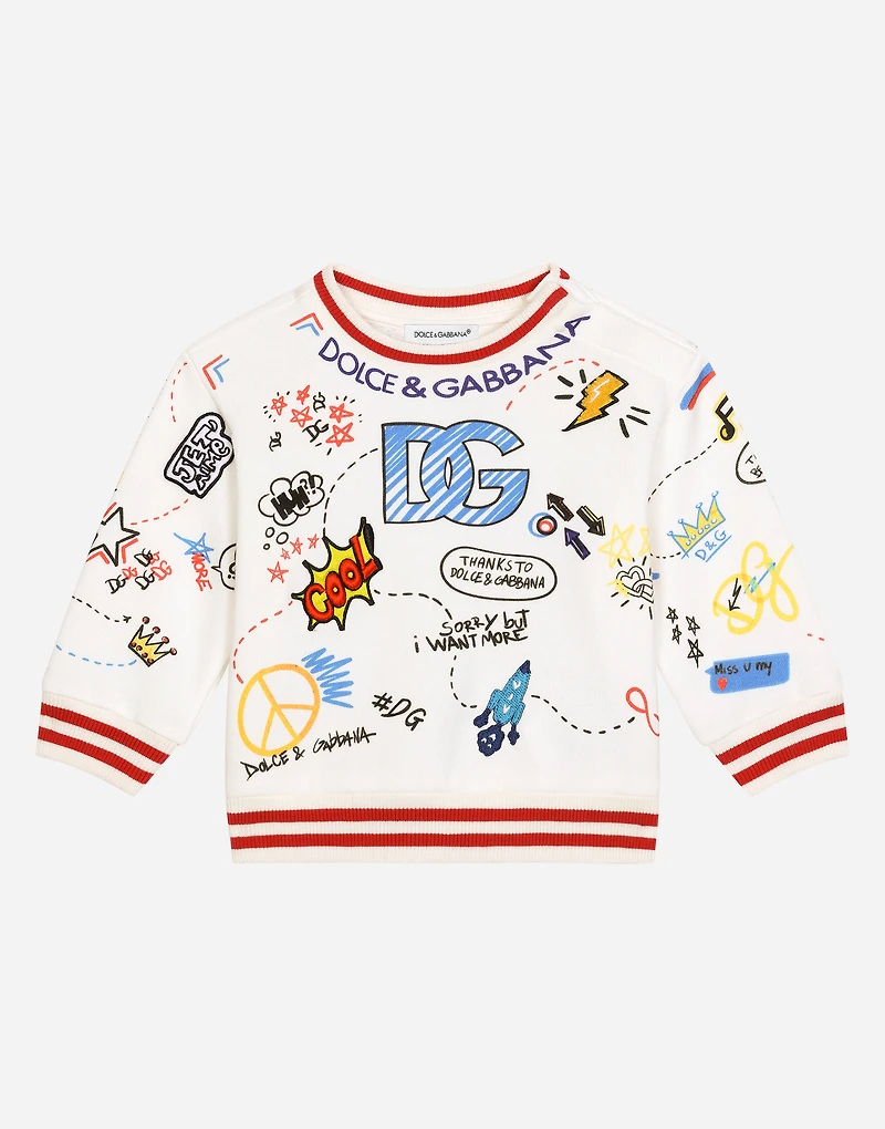 Round-neck jersey sweatshirt with DG design print and patches