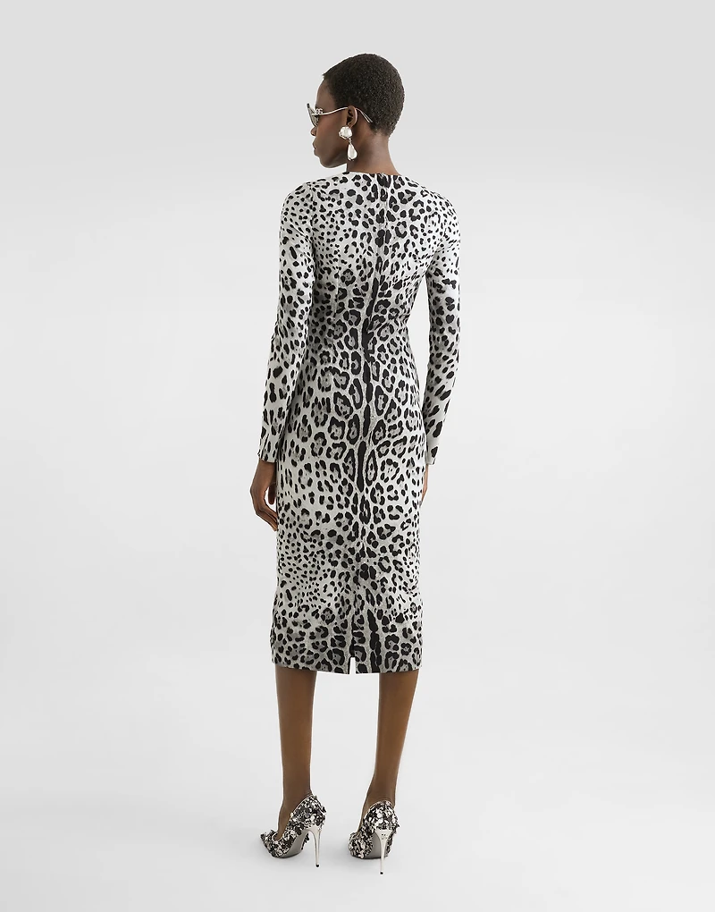 Charmeuse calf-length sheath dress with leopard print