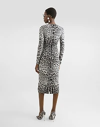 Charmeuse calf-length sheath dress with leopard print