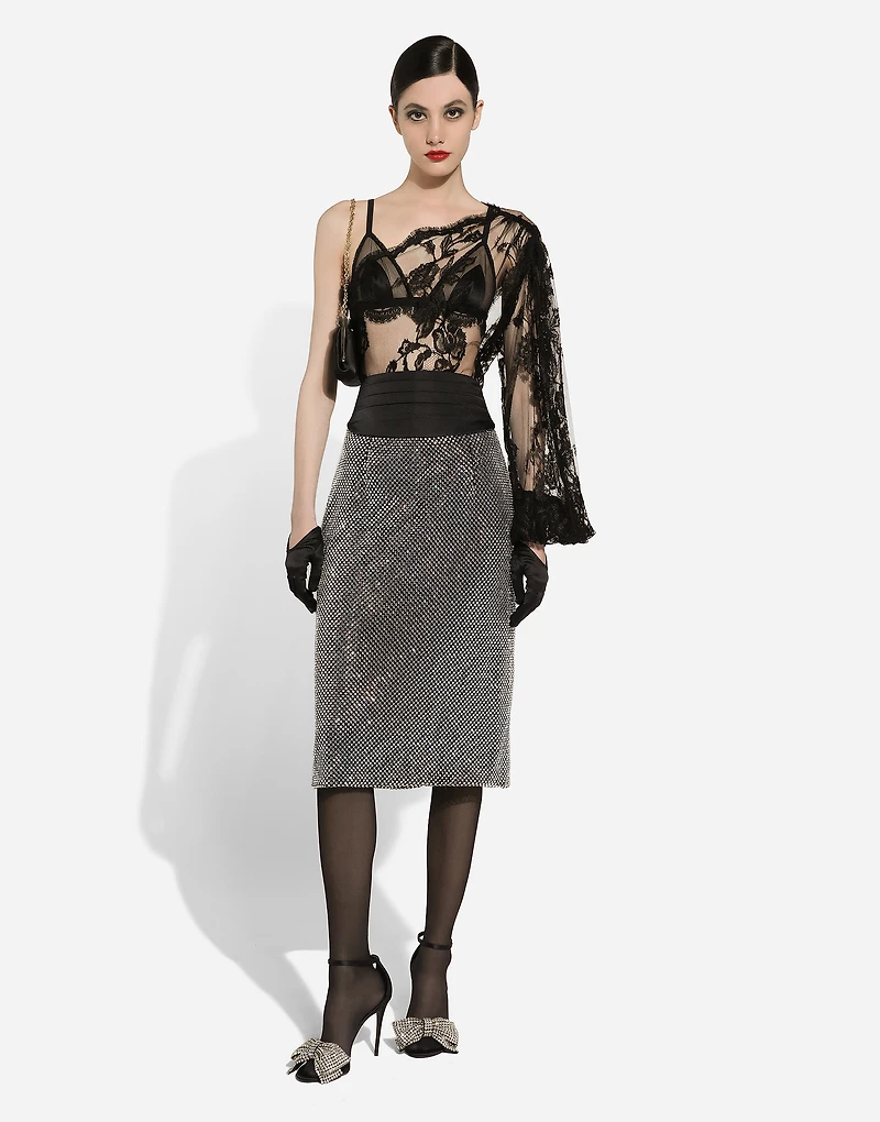 Calf-length crystal mesh skirt