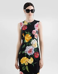 Charmeuse calf-length sheath dress with peony and rose print