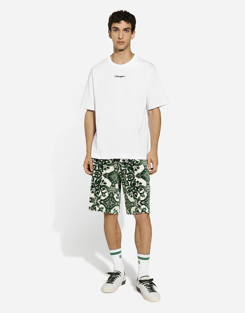 Chenille jogging shorts with majolica print
