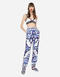 Silk twill pants with majolica print