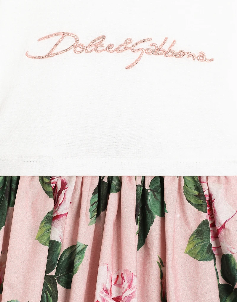 Rose-print poplin and jersey dress