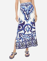 Majolica-print charmeuse calf-length skirt with slit