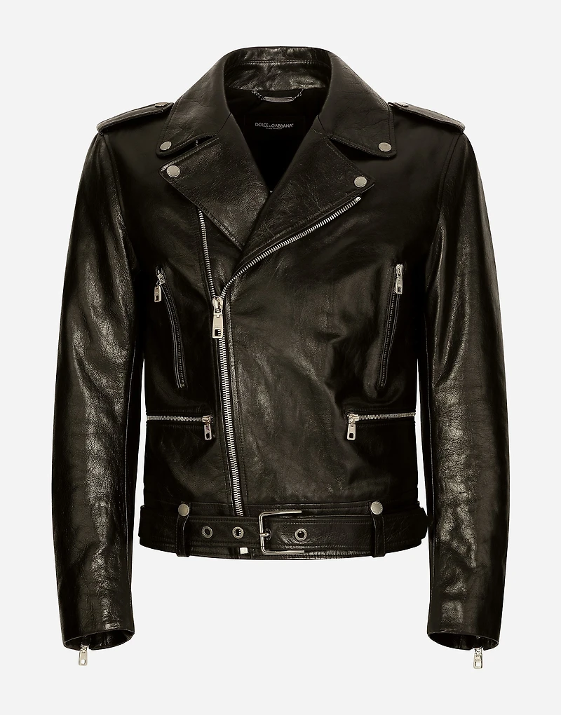Belted leather biker jacket