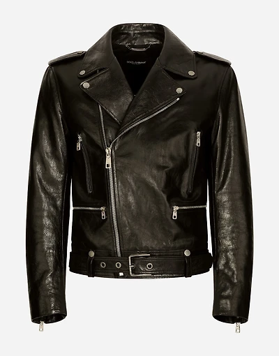 Belted leather biker jacket