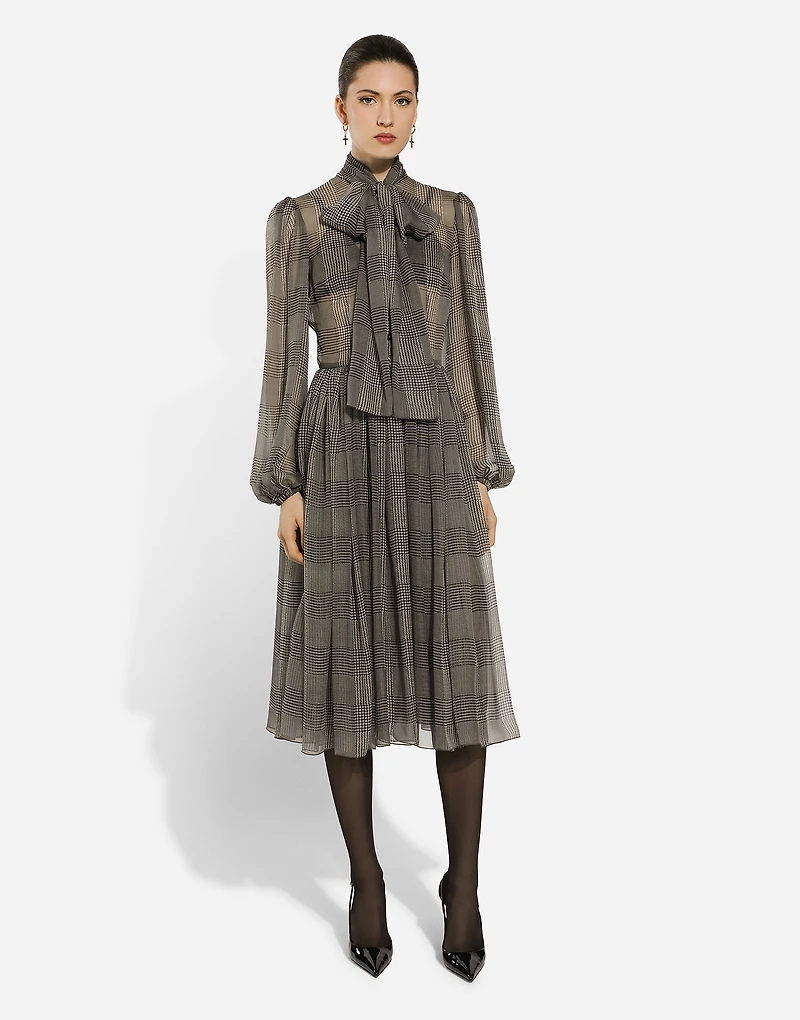 Silk chiffon dress with glen plaid print