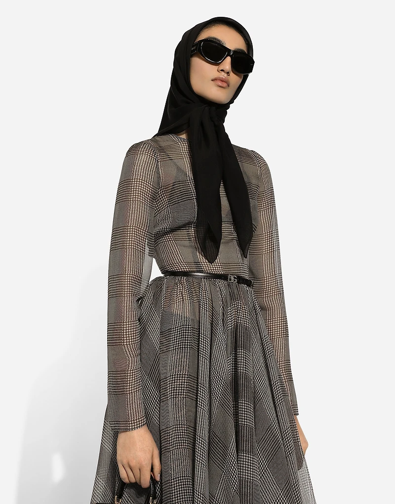 Chiffon calf-length circle skirt with glen plaid print