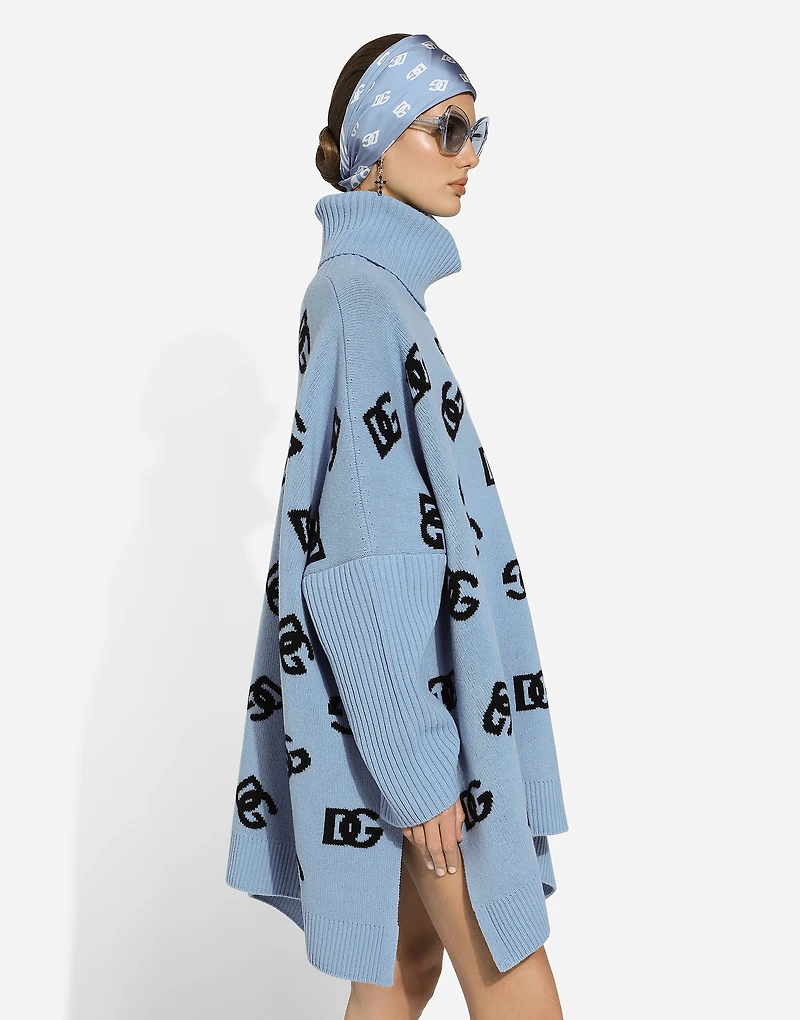 Wool turtle-neck poncho with DG logo inlay