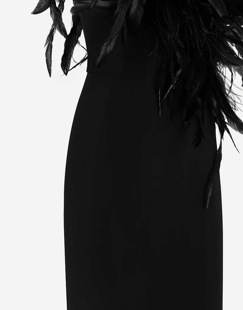 Long one-shoulder stretch cady dress with feathered neckline