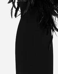 Long one-shoulder stretch cady dress with feathered neckline