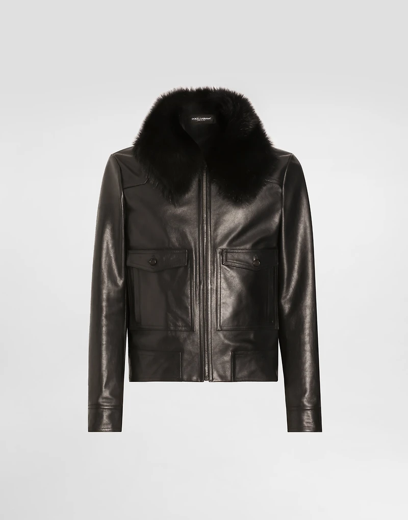 Leather jacket with fur collar