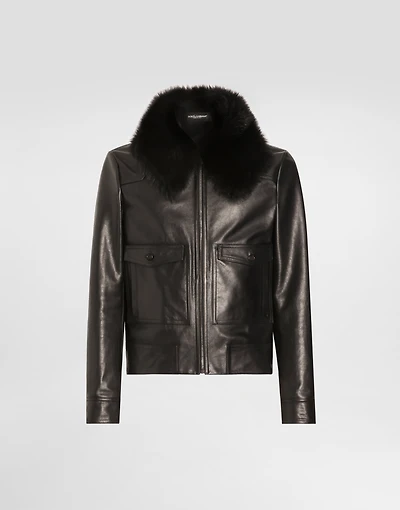 Leather jacket with fur collar