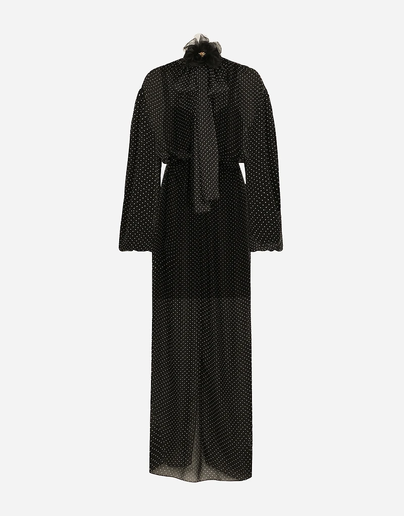 Long silk chiffon dress with polka-dot print, a pussy-bow detail and flower on neck