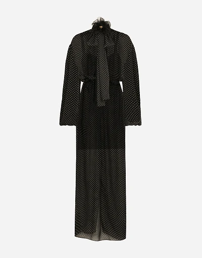 Long silk chiffon dress with polka-dot print, a pussy-bow detail and flower on neck