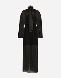 Long silk chiffon dress with polka-dot print, a pussy-bow detail and flower on neck
