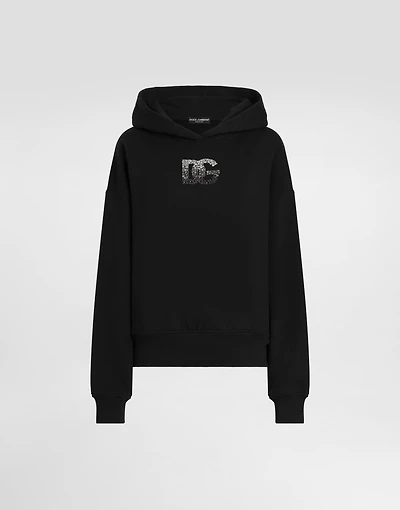 Jersey hoodie with rhinestone-detailed DG embellishment