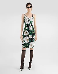 Stretch marquisette midi dress with gardenia print