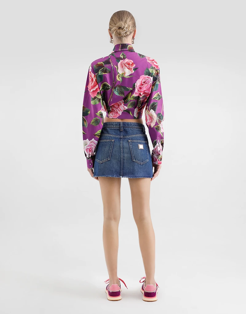 Cotton pussy-bow shirt with rose print